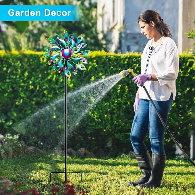 51.9" Peacock Solar Wind Spinner Outdoor Decor – Waterproof LED Lighted Garden Art with Adjustable Metal Pole, IP65 Weather Resistant for Yard, Patio-CasaMuseHome