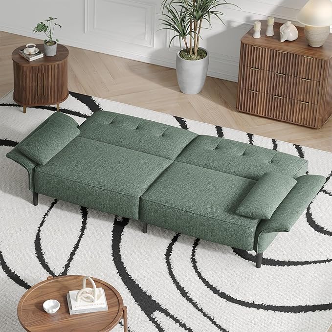 89” Futon Sofa Bed, Linen Comfy Futon Couch Bed with 2 Square Pillows, Convertible Sleeper Sofa with Adjustable Backrest& Armrests, Modern Loveseat Sleeper for Living Room, Bedroom, Green-CasaMuseHome