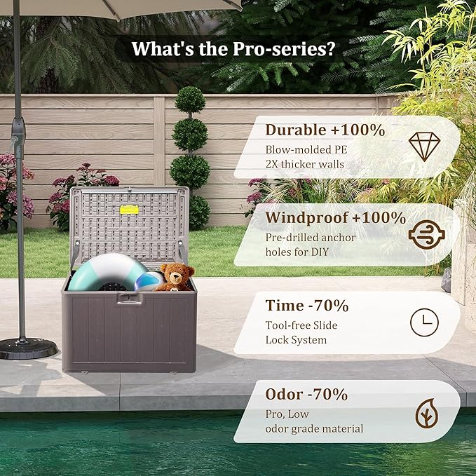 73 Gallon Pro Outdoor Storage Box Waterproof Lockable Resin Deck Box Large, Patio Storage Bin for Pool Accessories Cushion Furniture, Garden Tools, UV-Resistant Outside Delivery Brown-CasaMuseHome