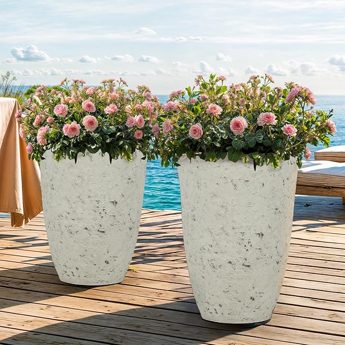 19.5" Resin Tall Planters for Outdoor Plants, Set of 2 Country White Large Flower Pots with Handmade Birch Bark Texture, Heavy-Duty and Weather-Resistant for Year Round Indoor Outdoor use-CasaMuseHome