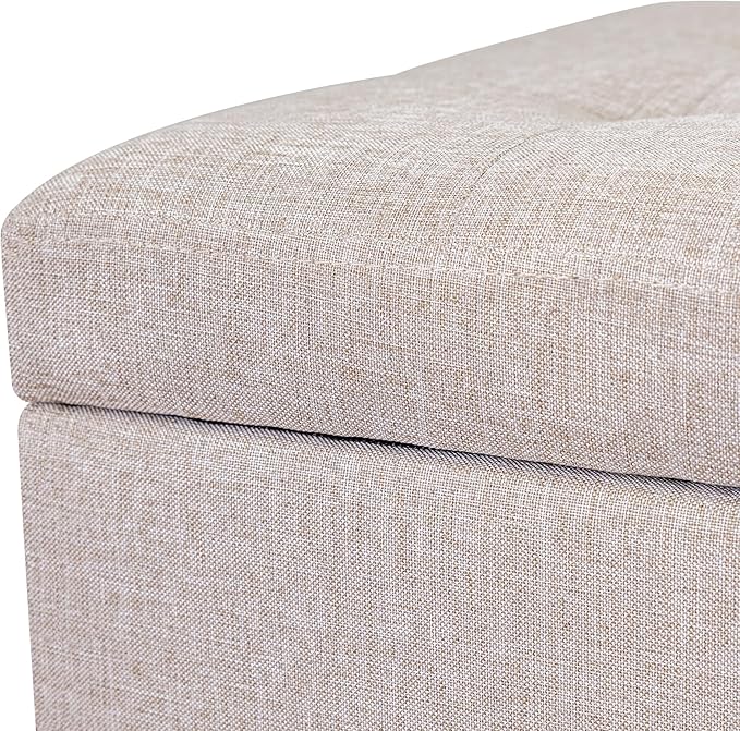 Adeco 18 Inch High Cube Ottoman Storage, Linen Chair Foot Stools, Upholstered Vanity Stool with Hinged Lid, Solid Wood Legs (Beige Grey)-CasaMuseHome