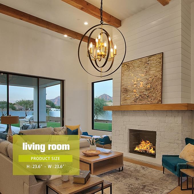 9-Light Globe Rustic Metal Chandelier, 23.6" Black Gold Adjustable Hanging Ceiling Pendant Light Fixture for Entryway Foyer Stairway Bedroom Dining Living Room Hallway-CasaMuseHome