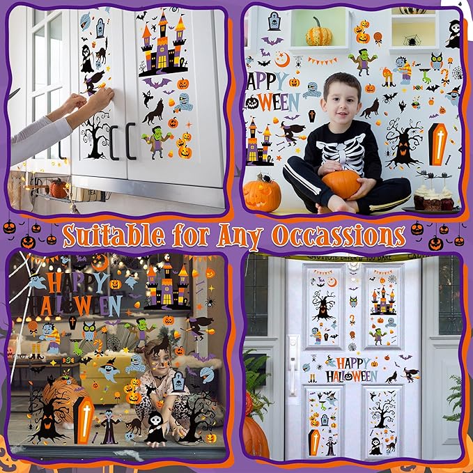 115PCS Halloween Window Clings, 9 Sheets Halloween Decorations, Cute Witch Tree Zombie Ghost Patterns PVC Window Stickers for Treat or Trick Party Favors Decal Supplies Decor Accessories-CasaMuseHome