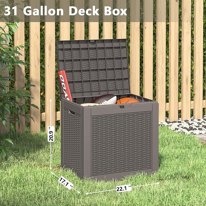 31 Gallon Deck Box, Resin Outdoor Storage Box, Waterproof and UV Resistant Deck Box, Lightweight Storage Box for Garden Tools, Pool Supplies-CasaMuseHome