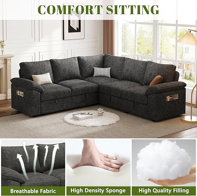 85 Inch Modular Sectional Sofa with Pull Out Bed,L Shaped 5 Seat Sectional Sleeper Sofa with Storage,Sectional Couches for Living Room,Cloud Modular Couch,Removable Sofa Cover,Dark Grey-CasaMuseHome