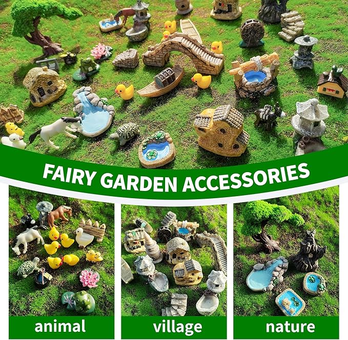 37PCS Fairy Garden Accessories, Miniature Nature Village Theme Fairy Garden Supplies for Outdoor, Mini Resin Animals House Bridge Pool Figurines Micro Landscape Succulent Plant Pots Terrarium Decor-CasaMuseHome