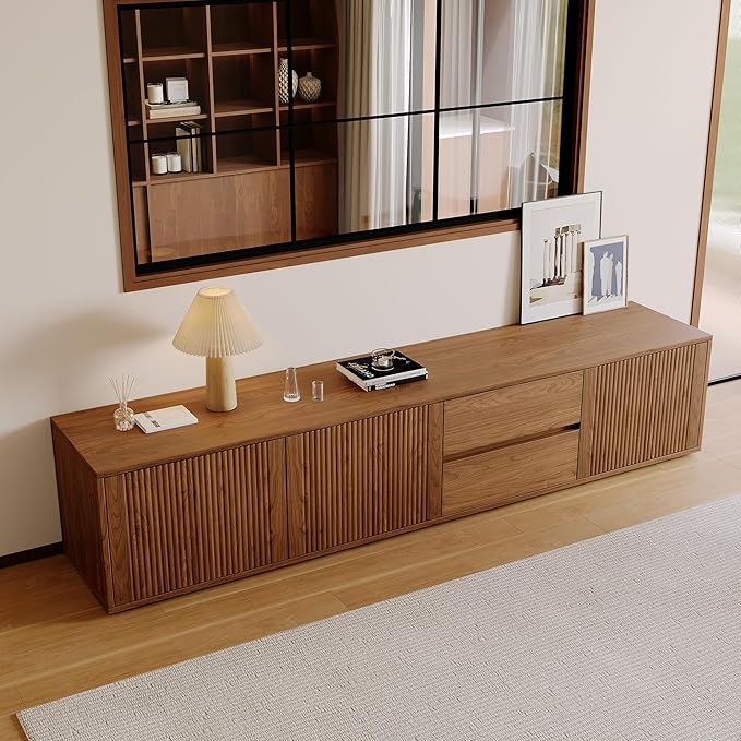 79" Mid-Century Modern TV Stand for Living Room, Farmhouse Entertainment Center with Storage & Drawers, Fluted Design Wood TV Console for Home Theater Office-CasaMuseHome