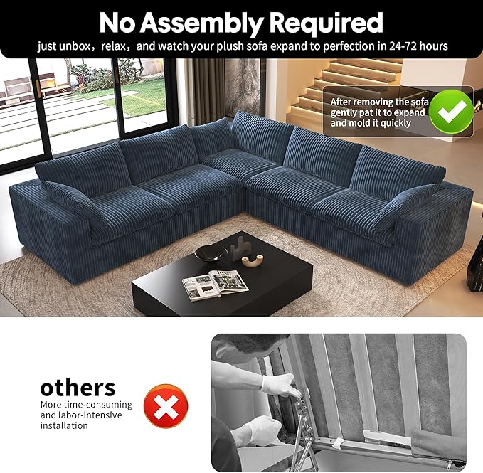 118" V Shaped Corner Modern Sofa Modular Sectional Cloud Couch,Deep Seat Upholstered Couches with Plush Corduroy Fabric for Living Room Furniture,Bedroom and Apartment,No Assembly Required,Blue-CasaMuseHome