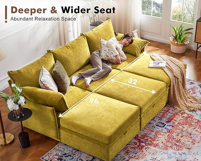 134.6" Oversized Modular Sectional Sofa, 6 Seater U Shaped Couch with Storage Ottoman with Reversible Chaise Deep Seat for Living Room, Apartment - Chenille Yellow-CasaMuseHome