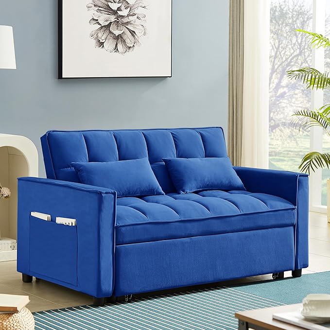 3 in 1 Convertible Sleeper Sofa Bed,Futon Loveseat Couch with Pull-Out Bed & Adjustable Backrest,Velvet Fabric Sofa with Side Pocket for Small Apartment, Living Room, Office (Blue)-CasaMuseHome