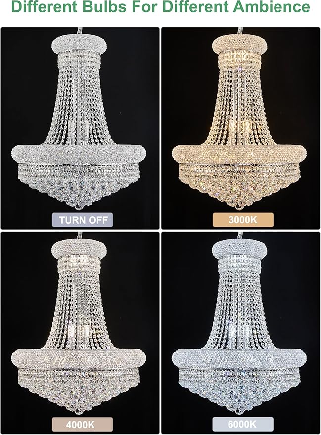 14 - Light Unique Empire Crystal Chandelier with Adjustable Chain for High Ceiling Foyer Entryway Living Room Dining Room Bedroom Chrome Finish-CasaMuseHome