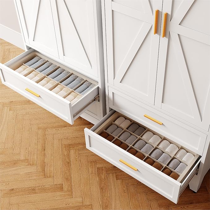 71'' Farmhouse Metal Wardrobe Cabinet with Hanging Rod, 2 Barn Door Wardrobe Closet with Adjustable Shelves,2 Drawer,for Dining Room,Bedroom,Living Room, Cloak Room,Office (White)-CasaMuseHome