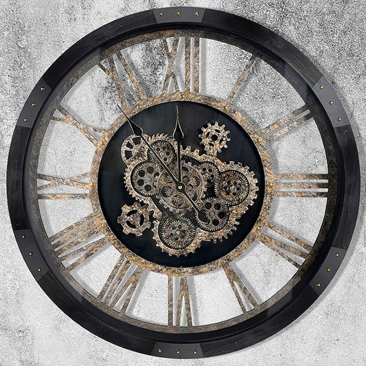 27 inch Large Real Moving Gears Wall Clock with Toughened Glass Cover, Oversized Solid Wood Retro Farmhouse Clock, Giant Decorative Rustic Wall Clock for Living Room Home Kitchen Office (Black)-CasaMuseHome