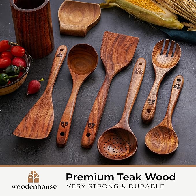 8 Pcs Teak Wooden Utensil Set with Holder, Spoon Rest & 6 Hooks - Durable Wooden Spoons for Cooking with Comfort Grip - Effortless Clean, Non-Stick Friendly-CasaMuseHome