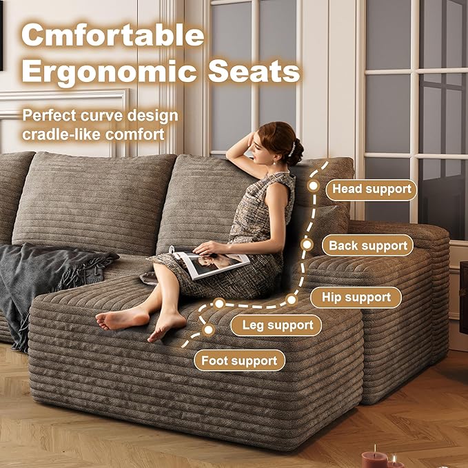 136" Sectional Couches for Living Room Modern Modular Sofa with L-Shape Couchs Upholstered Boneless Couch Deep Seat Sectional Couch with Chaise (Camel, Left Facing Chaise+3Seaters+Ottoman)-CasaMuseHome