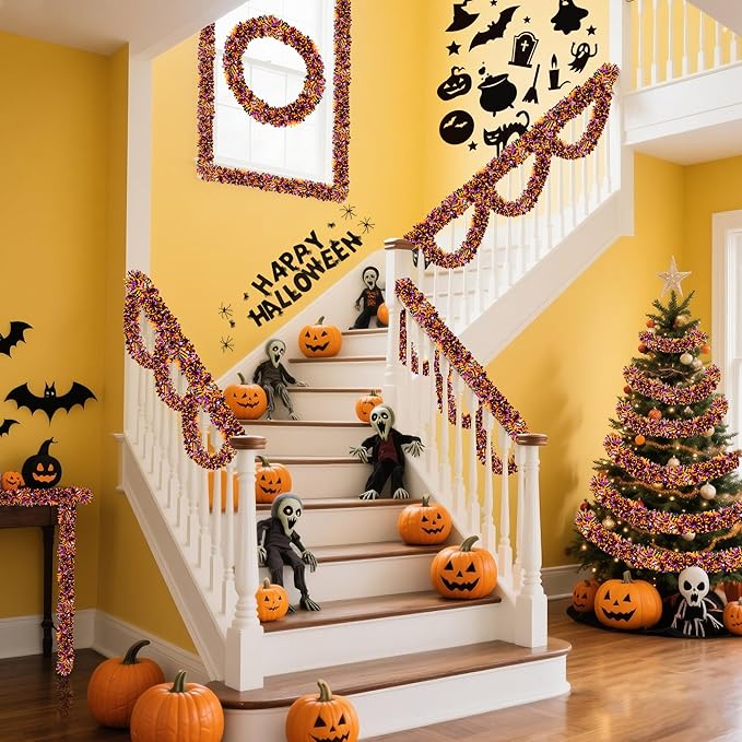 50FT Halloween Decorations Tinsel Garland, Orange Purple Black Shiny Metallic Tinsel Twist Hanging Streamers Garland for Halloween Birthday Home Tree Banister Indoor Outdoor Party Decor Supplies-CasaMuseHome