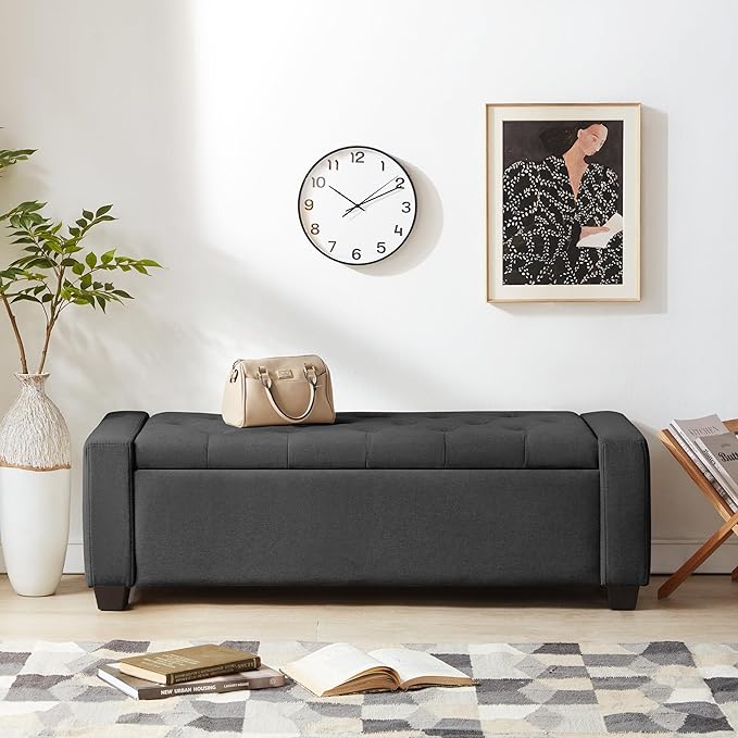 48" Ottoman with Storage, Storage Ottoman Bench with Safety Hinge, Upholstered Entryway Bench with Seating for Bedroom, Living Room, Holds up to 330 lb, Dark Gray-CasaMuseHome