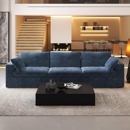 118" 3-Seater Cloud Sofa,Modular Sectional Couch,Modern Deep Seat Upholstered Couches with Plush Corduroy Fabric for Living Room Furniture,Bedroom and Apartment,No Assembly Required,Blue-CasaMuseHome