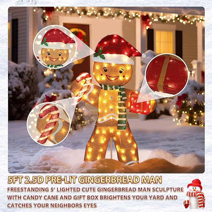 5FT Gingerbread Man with Candy Cane and Gift Box Decoration, 2.5D Pre-Lit Gingerbread Man Decor with 120 LED Lights for Christmas, Freestanding Glittered Holiday Display for Outdoor, Indoor-CasaMuseHome