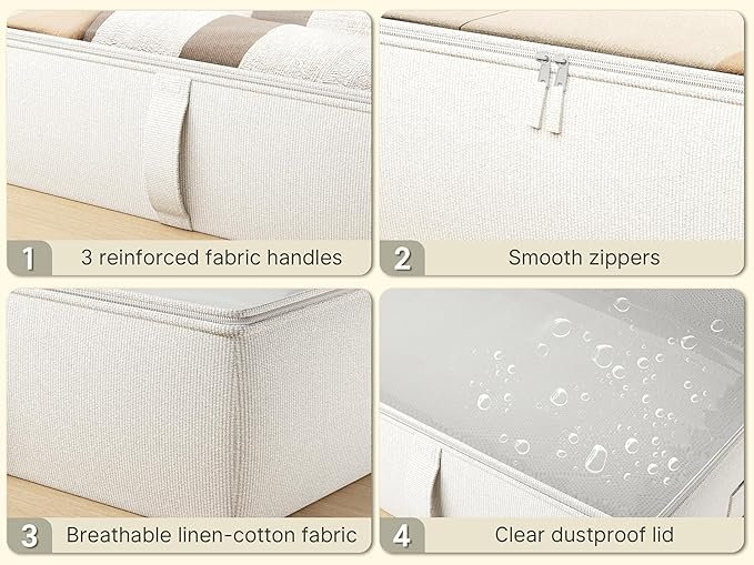 2-Pack Under Bed Storage Containers, 8 Inches Tall Underbed Clothes Storage Organizer Bin with Sturdy Sidewalls/Bottom, Under the Bed Storage Bags 2 Storage Bins, Beige-CasaMuseHome