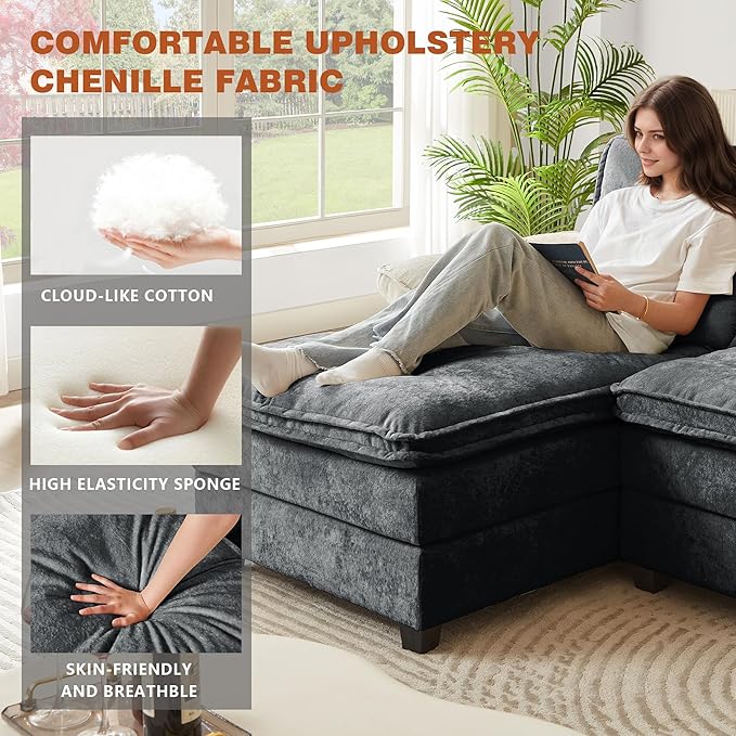 113" Oversized Cloud Couch, U Shape Sectional 4 Seat Sofa with Double Chaises, 2 Layer Cusions, Deep Seat Comfy Sofa, Upholstery Chenille Fabric for Living Room, Dark Grey-CasaMuseHome