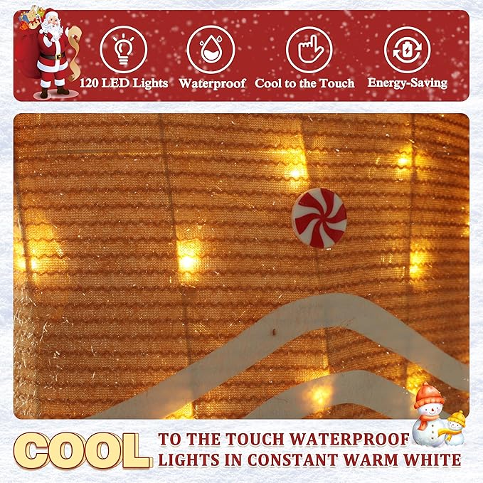 5FT Gingerbread Man with Candy Cane and Gift Box Decoration, 2.5D Pre-Lit Gingerbread Man Decor with 120 LED Lights for Christmas, Freestanding Glittered Holiday Display for Outdoor, Indoor-CasaMuseHome