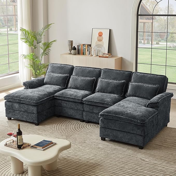 113" Oversized Cloud Couch, U Shape Sectional 4 Seat Sofa with Double Chaises, 2 Layer Cusions, Deep Seat Comfy Sofa, Upholstery Chenille Fabric for Living Room, Dark Grey-CasaMuseHome