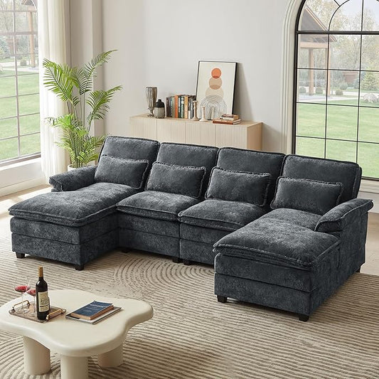 113" Oversized Cloud Couch, U Shape Sectional 4 Seat Sofa with Double Chaises, 2 Layer Cusions, Deep Seat Comfy Sofa, Upholstery Chenille Fabric for Living Room, Dark Grey-CasaMuseHome