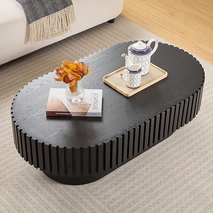 43.7" Oval Coffee Table for Living Room,Modern Handcraft Drum Coffee TableSmall Wooden Coffee Table with Sturdy Pedestal Easy Assembly for Office-Black-CasaMuseHome