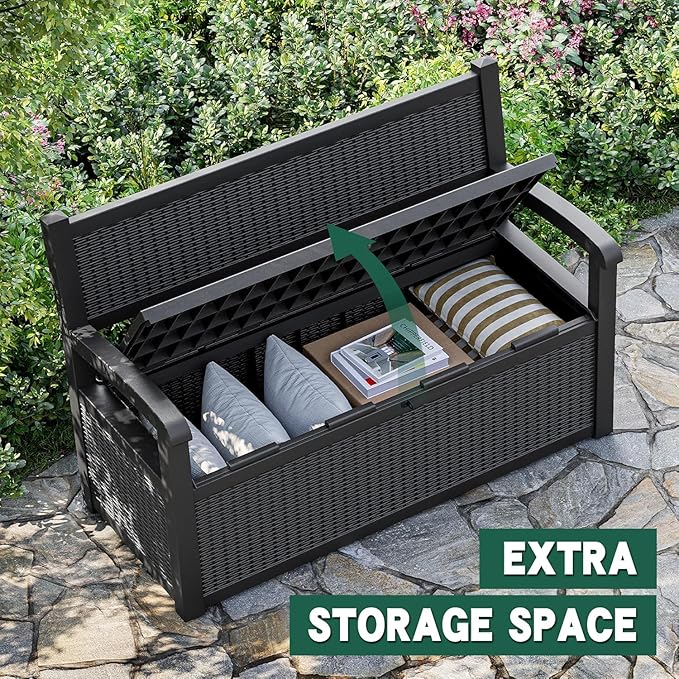 70 Gallon Lockable Outdoor Storage Bench Waterproof, Deck Box Bench for Patio, Porch, Garden, Poolside, Stores Tools & Pool Supplies, Heavy-Duty Outdoor Bench with Storage, Black-CasaMuseHome