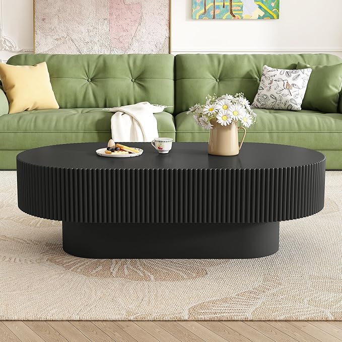 43.3" Oval Fluted Coffee Table Modern Elegant Drum End Table, Minimalist Center Table 7.8" Thick Tabletop with Sturdy Base for Living Room, Bedroom, Apartment,Easy Assembly, Black-CasaMuseHome