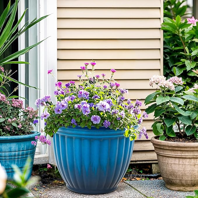 15" H Large Flower Pots, Set of 2 Plastic Planters for Outdoor Plants with Gradient Blue Finish and 3D Textures, Weather-Resistant for Porch, Garden, Patio or Indoor Use-CasaMuseHome