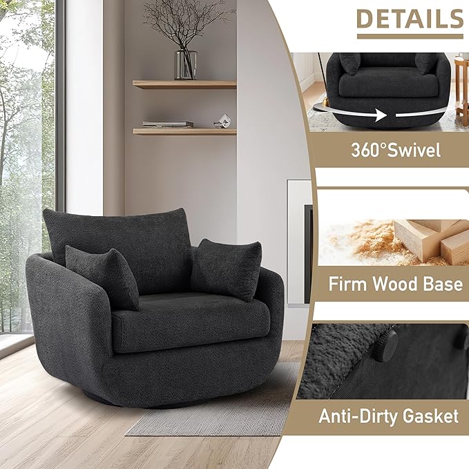 360° Swivel Accent Armchair, 39.3" Oversized, Sherpa Boucle Fabric Sofa Chair with Removable Back & Arm Pillows, Swivel Chair with Cozy Soft Padded, No Assembly Required (1, Dark Gray)-CasaMuseHome