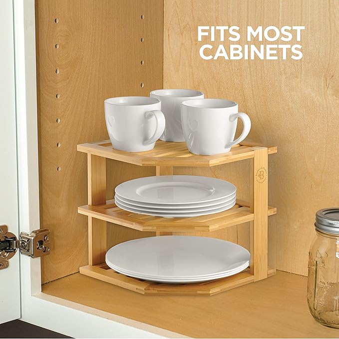 2-Pack Plate Organizer for Cabinet - Bamboo Corner Shelf for Kitchen or Bathroom Storage, Space-Saving Rack for Dishes, Countertop, Cabinet, Pantry - Organization & Housewarming Gift-CasaMuseHome