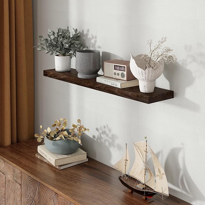 40 Inch Floating Shelves for Wall, Rustic Elm Wood Shelf for Home Decor, Heavy-Duty Wooden Floating Shelves for Kitchen, Wall Mounted Storage Shelves for Bathtoom, Living Room, Walnut Color, Set of 1-CasaMuseHome