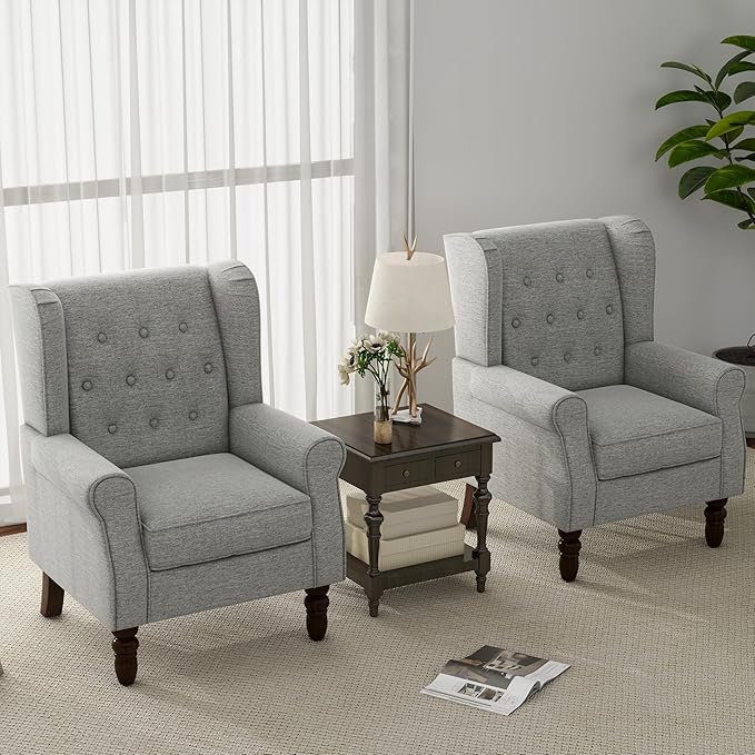 Accent Chair, Upholstered Armchair with Button Tufted High Back & Solid Wood Legs, Comfy Wingback Reading Single Sofa Chair for Small Spaces, Living Room, Bedroom (Light Grey, Set of 1)-CasaMuseHome
