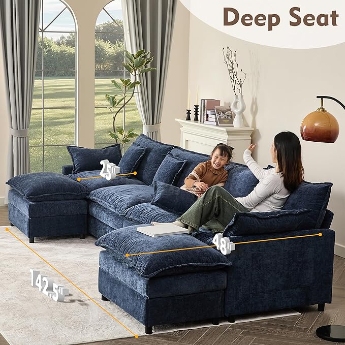 142.5" U Shaped Couch, Modular Sectional Sofa, 3-Seater Comfy Cloud Couch with Movable Ottoman, Deep Seat Couches for Living Room, Chenille, Navy-CasaMuseHome