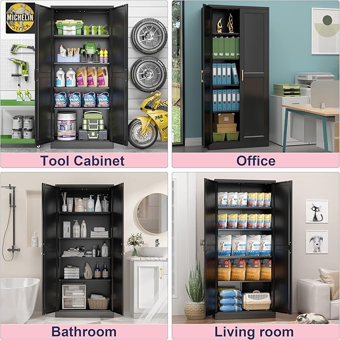 71" Storage Cabinet, Metal Pantry Cabinet, Kitchen Pantry Storage Cabinets with Doors and 4 Shelves for Laundry Room, Living Room, Dinning Room, Assembly Required, Black-CasaMuseHome