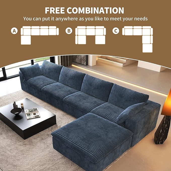157.5" L Shaped Modern Sofa Modular Sectional Cloud Couch with Ottoman,Deep Seat Upholstered Couches with Corduroy Fabric for Living Room Furniture,Bedroom and Apartment,No Assembly Required,Blue-CasaMuseHome