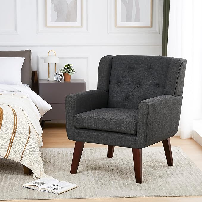 Accent Chair Button-Tufted Upholstered Living Room Chairs Comfy Reading Chair Mid Century Modern Chair with Linen Fabric Lounge Arm Chairs for Living Room Bedroom (Dark Grey)-CasaMuseHome