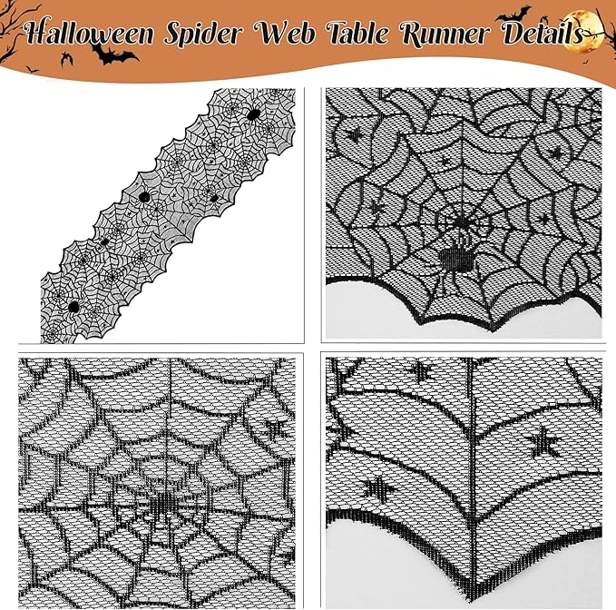 3 Pack Halloween Decorations Sets, Black Lace Spider Webs Table Runner & Halloween Cobweb Fireplace Scarf with 120 pcs 3D Bat for Halloween Indoor Decors Party Supplies-CasaMuseHome