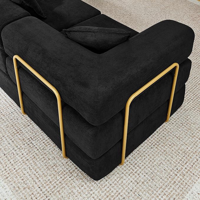 108" Oversized Convertible Sleeper Sofa Bed, Corduroy L Shape Sectional Couch, Folding Sofa Bed with Side Pocket, Modern Cloud Floor Mattress Couch, Modular Sofa for Living Room, Black-CasaMuseHome