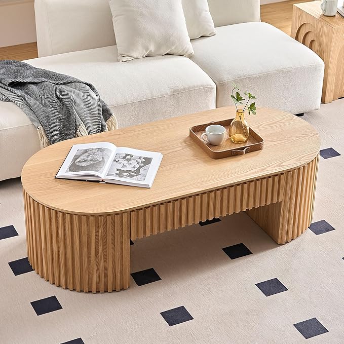 51.18'' Oval Coffee Table for Living Room Fluted Center Table with Drawer, Mid Century Modern Coffee Tables, Easy Assembly for Office Storage Tea Table Oak-CasaMuseHome
