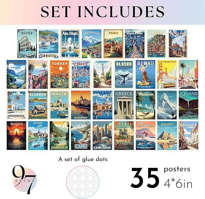 97 Decor Vintage Travel Decor - Travel Posters Wall Art Prints, Vintage Postcards from Around The World, City Landscape Aesthetic Pictures Retro Popular Cities Photo Collage Kit for Teen Bedroom (4x6)-CasaMuseHome
