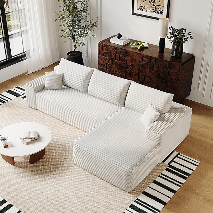 108" Sectional Couches for Living Room Modern Modular Sofa with L-Shape Couchs Upholstered Boneless Couch Deep Seat Sectional Couch with Chaise (White, Right Facing Chaise+2Seaters)-CasaMuseHome