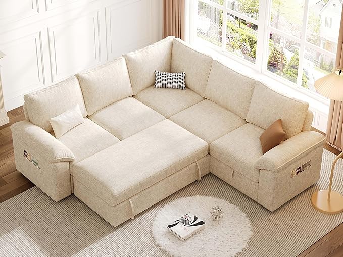 85 Inch Sectional Sleeper Sofa with Pull Out Bed,L Shaped 5 Seat Modular Sectional Sofa with Storage,Sectional Couches for Living Room,Cloud Modular Couch,Removable Sofa Cover,Beige-CasaMuseHome
