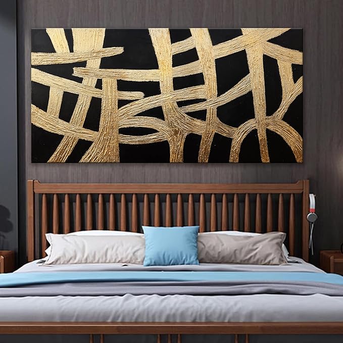 Abstract Wall Art Paintings Wall Decor Large Canvas Wall Art Decor Black And Gold Lines Texture Wall Art Artwork Modern Minimalist Wall Art Living Room For Room Bedroom Office Wall Decor 29"X58"-CasaMuseHome