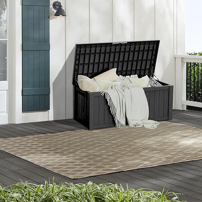 150 Gallon Lockable Resin Deck Box, Waterproof & UV-Resistant Outdoor Storage Box for Outdoor Cushion Storage, Garden Tools & Pool Accessories Storage, Black-CasaMuseHome