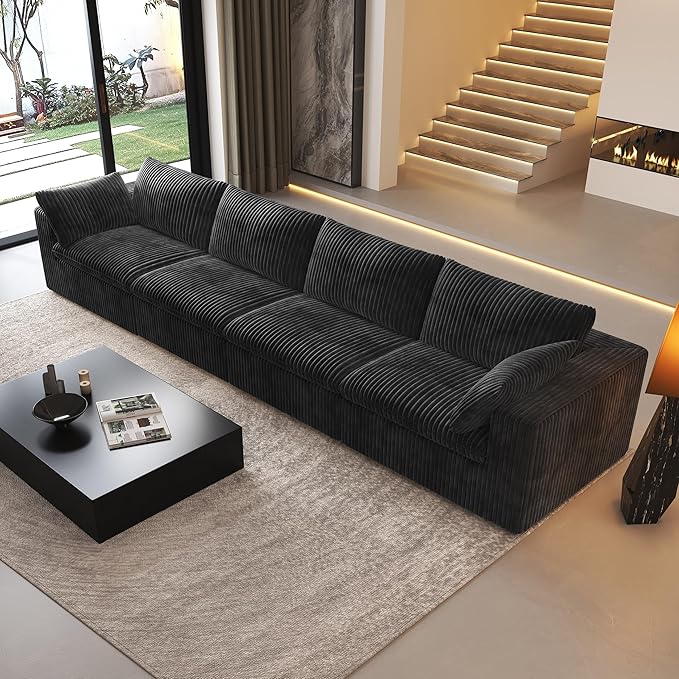 157.5" 4-Seater Cloud Sofa,Modular Sectional Couch,Modern Deep Seat Upholstered Couches with Plush Corduroy Fabric for Living Room Furniture,Bedroom and Apartment,No Assembly Required,Black-CasaMuseHome
