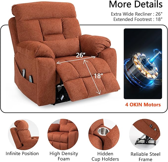 4 OKIN Motor Power Lay Flat Lift Recliner Chair for Elderly Adults Extra Large Recliners with Massage Heat, Adjustable Head-Back-Lumbar-Leg-Support, Extended Footrest, 2 Cup Holders-CasaMuseHome